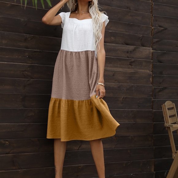 Boho Color Block Green Ruffle Sleeve Midi Dress - Picture 4 of 9